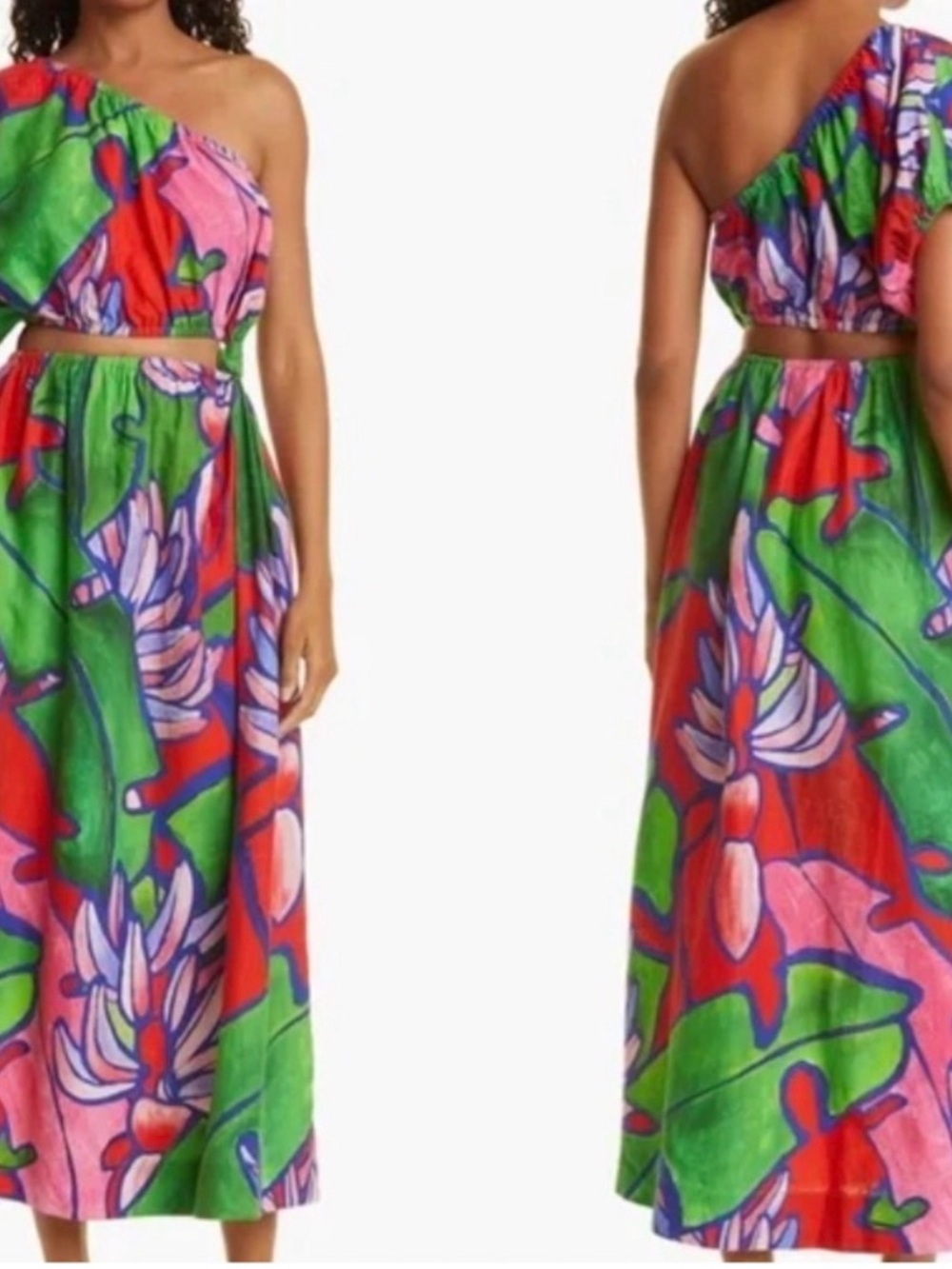 FARM Rio One-Shoulder Open Waist Midi Dress in Tropical Print